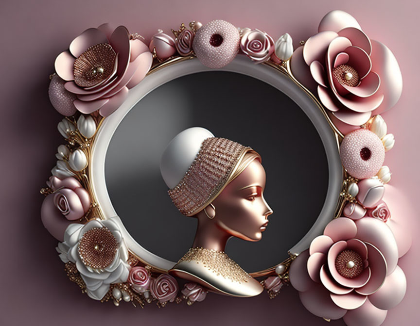 Floral and Jewel Frame Mirror with Woman Profile Design