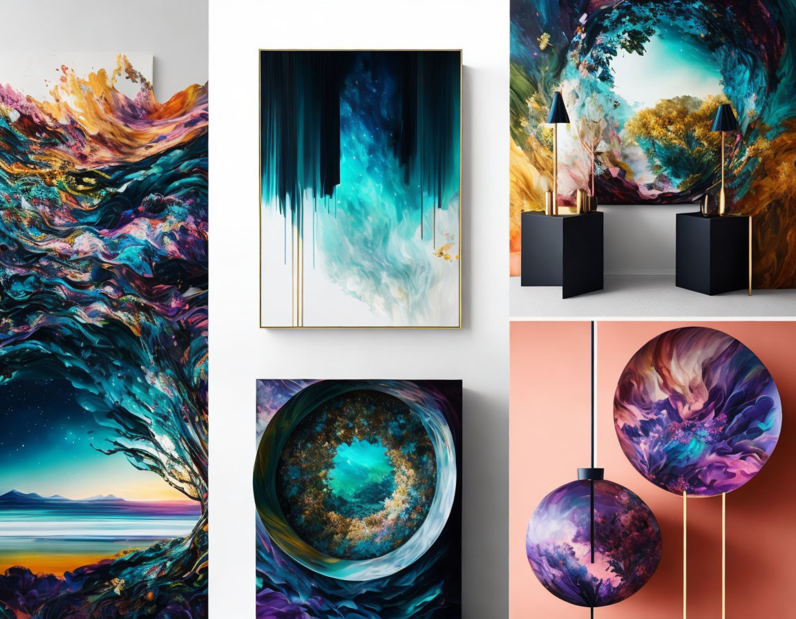 Abstract Collage: Five Vibrant Paintings of Swirling Colors and Natural Landscapes