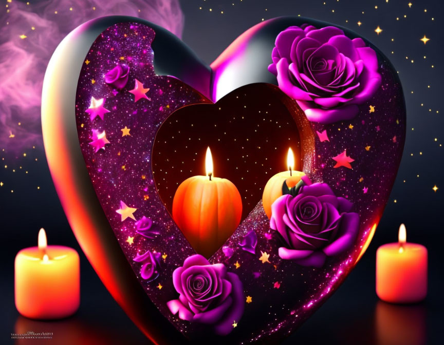 Heart-shaped cosmic artwork with roses and candles on dark background