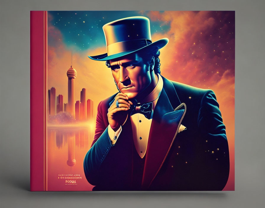 Stylized graphic book cover: Contemplative figure in top hat, futuristic city skyline, cosmic