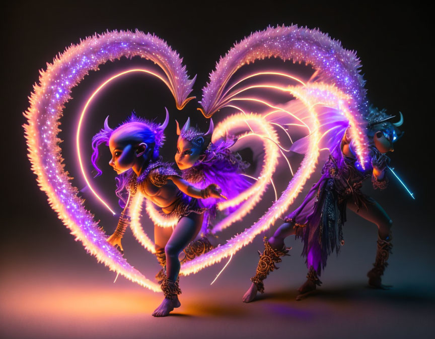 Stylized animated characters with glowing heart wings in dynamic pose