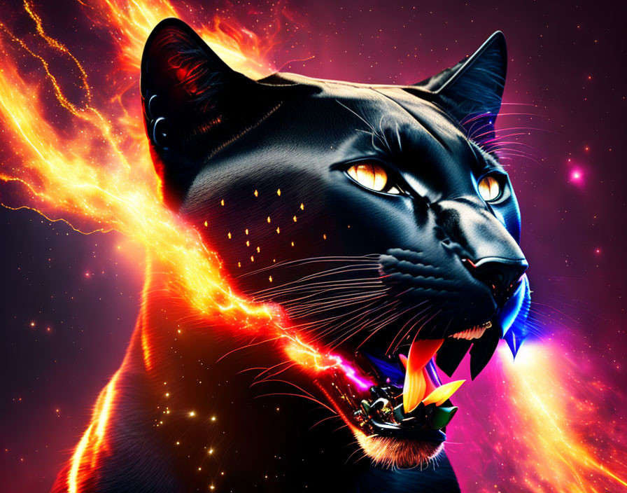 Black Panther Digital Artwork with Glowing Eyes and Cosmic Flames