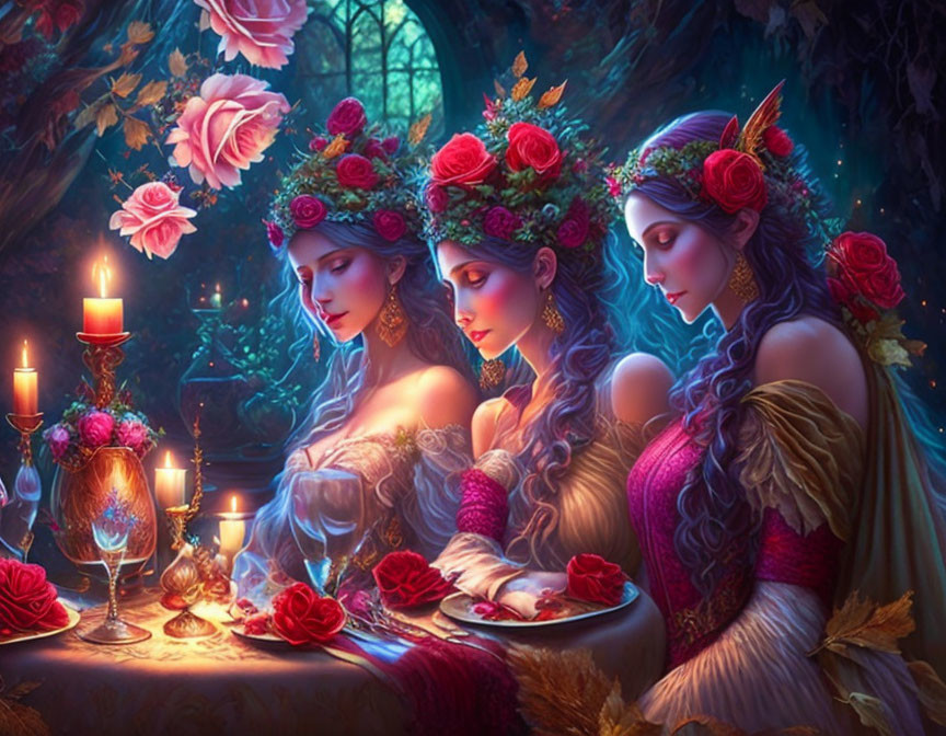 Ethereal women with floral crowns in magical forest scene