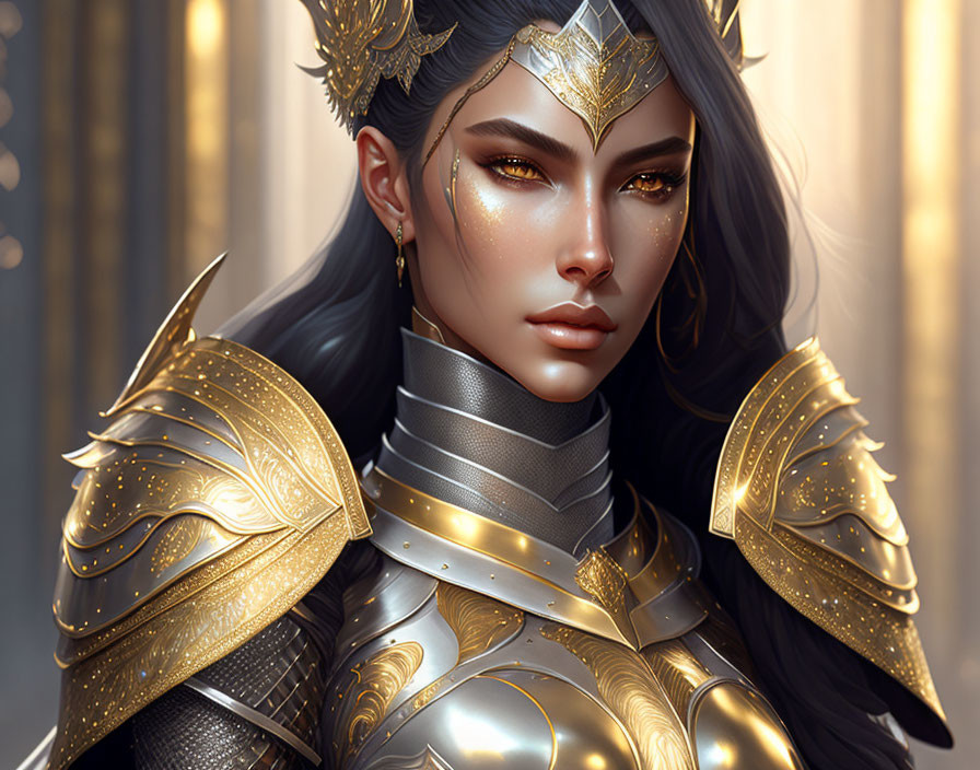 Majestic woman in ornate golden armor and crown exuding authority