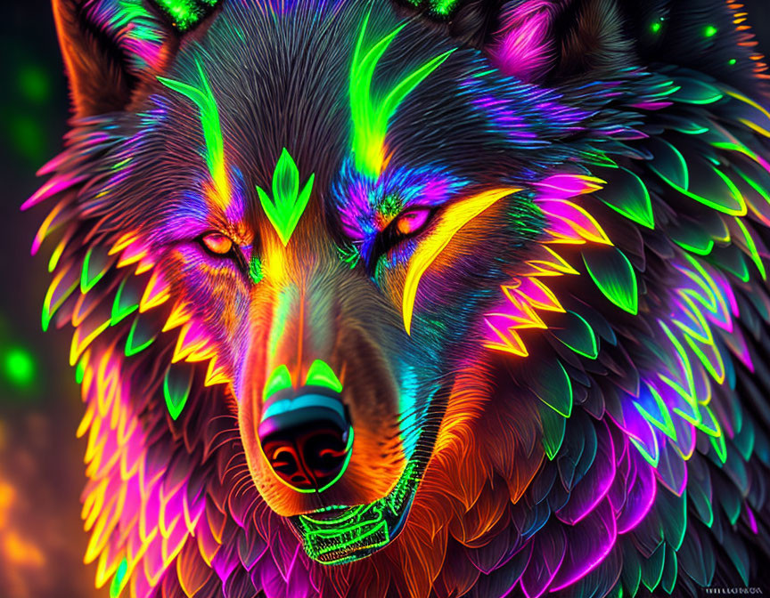 Colorful Digital Art: Psychedelic Wolf in Neon Pink, Green & Blue