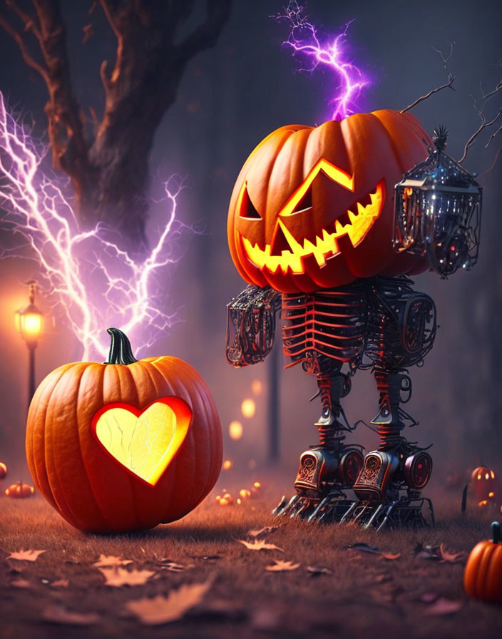 Robotic skeleton with jack-o'-lantern head in misty Halloween scene