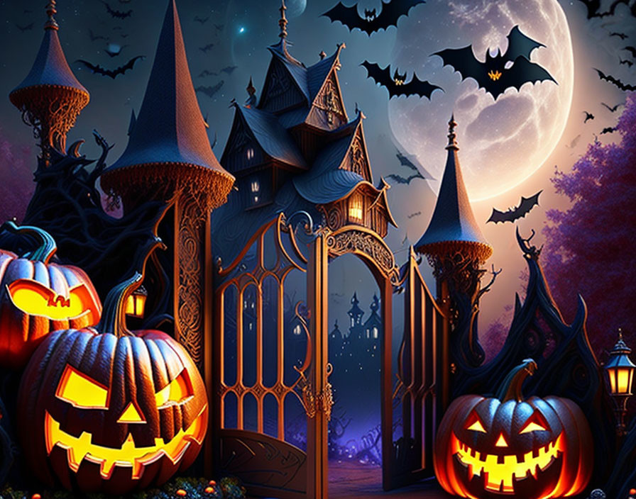 Gothic Halloween scene with pumpkins, castle, bats, full moon