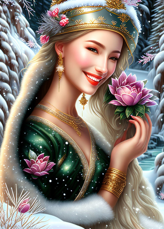 Blonde woman in traditional attire with lotus flower in snowy setting