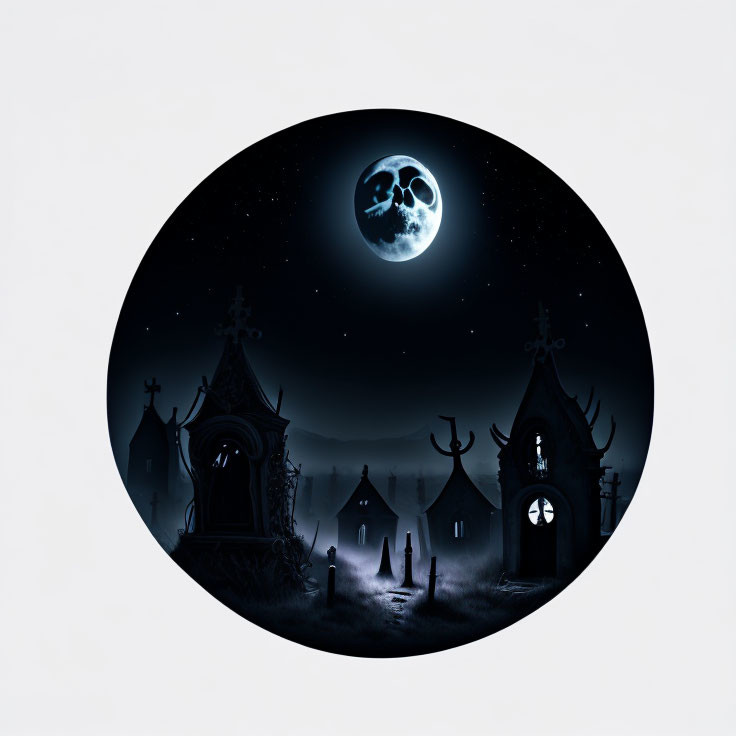 Eerie night scene with skull-shaped moon over spooky graveyard