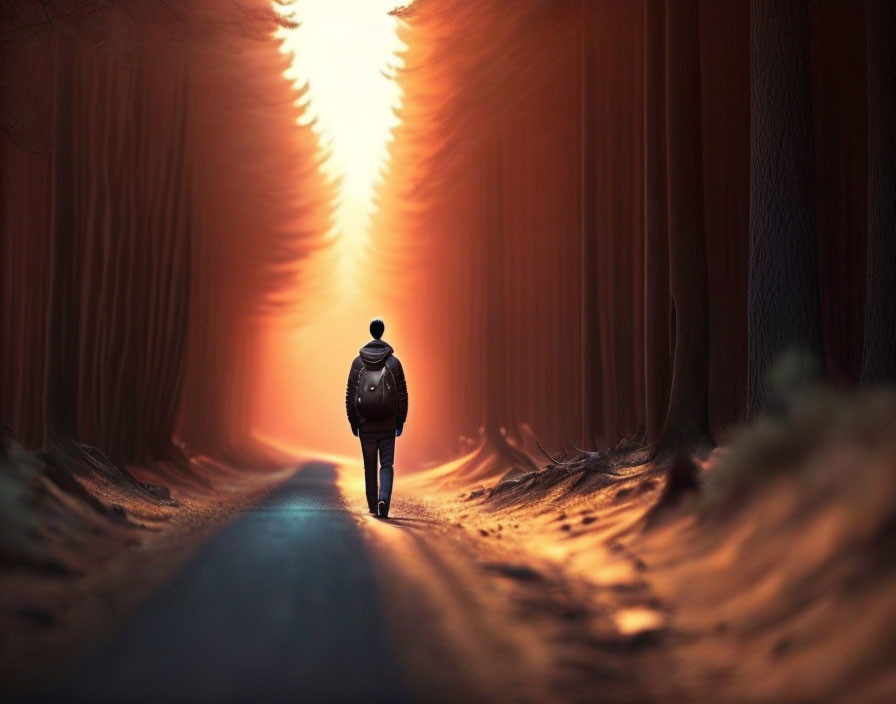 Person with backpack walking towards bright light in dark forest path