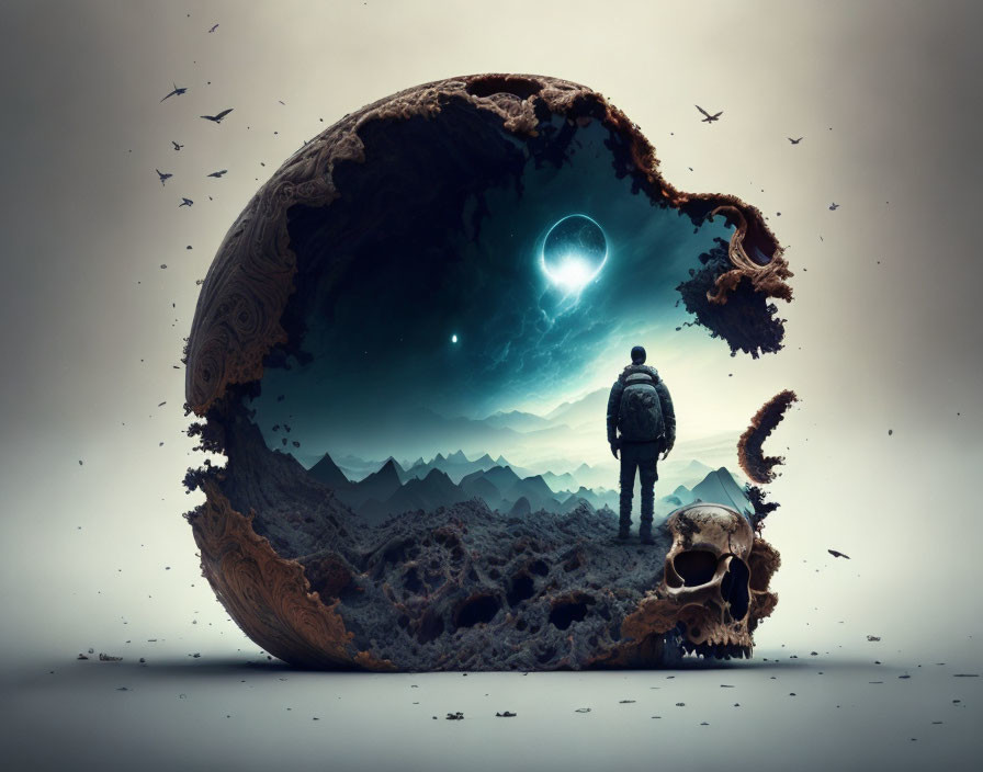 Surreal landscape with broken planet shell, mountains, orb, birds, and skull