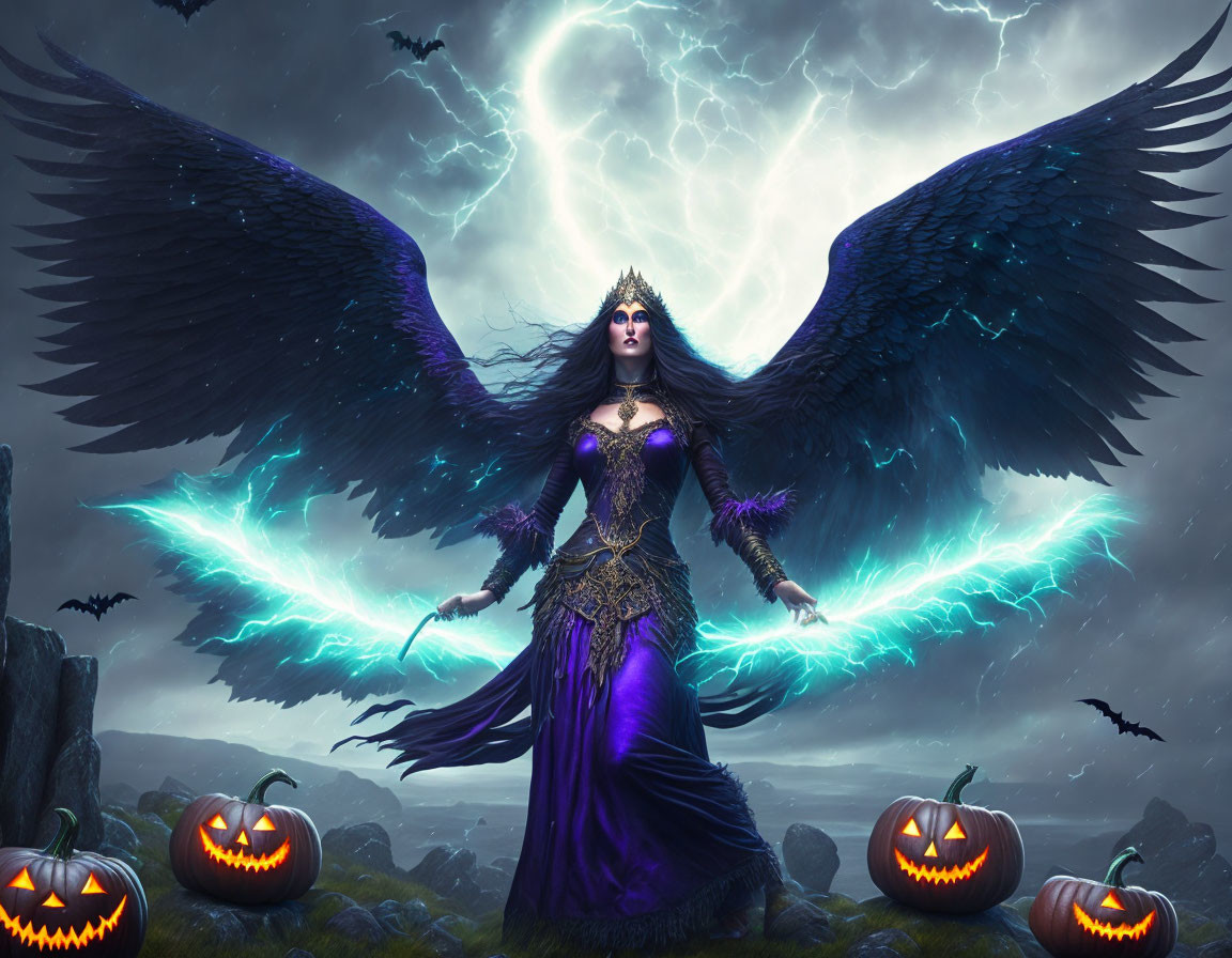 Fantasy female figure with black wings in stormy landscape with lightning and pumpkins