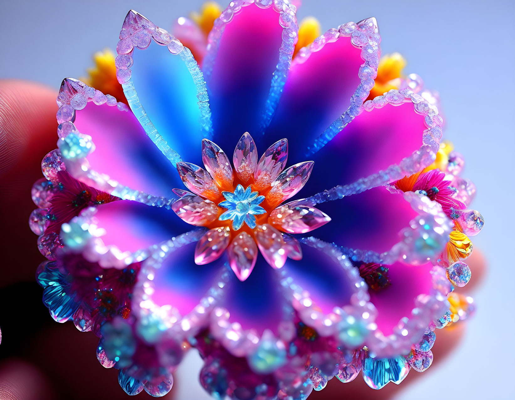 Translucent flower with blue, pink, and purple petals and water droplets