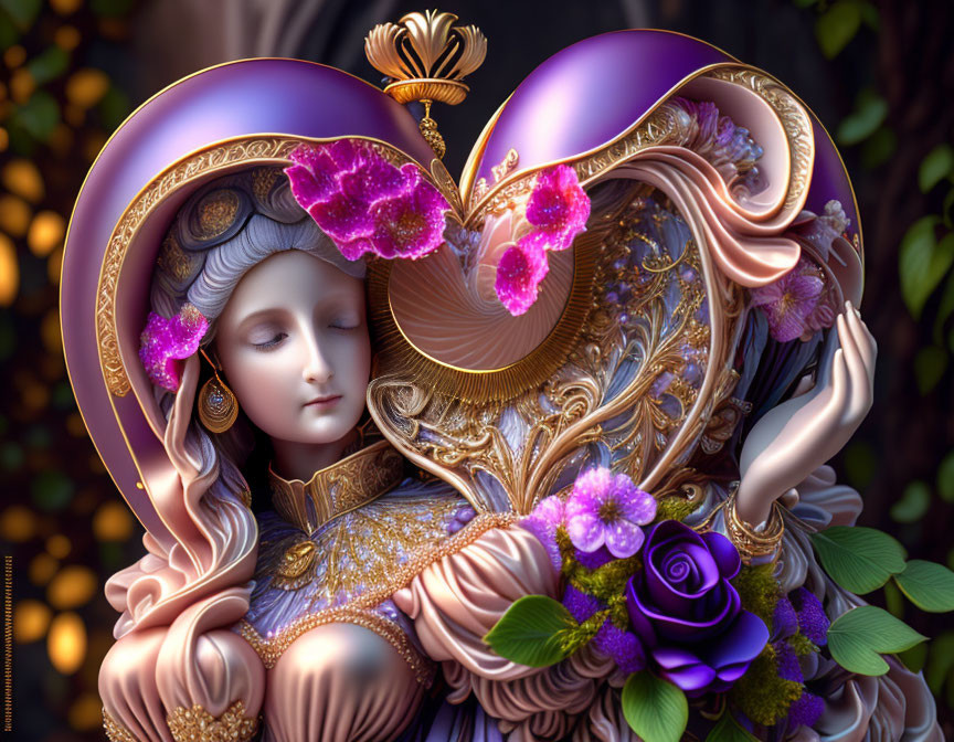 Feminine Figure with Fantasy Headwear and Gold Details