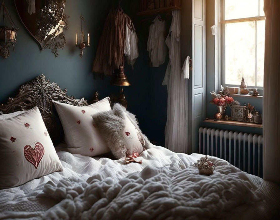 Vintage-style bedroom with ornate furnishings and cozy atmosphere