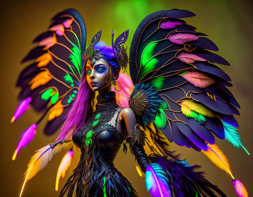 Elaborate fantasy costume with vibrant feathered wings