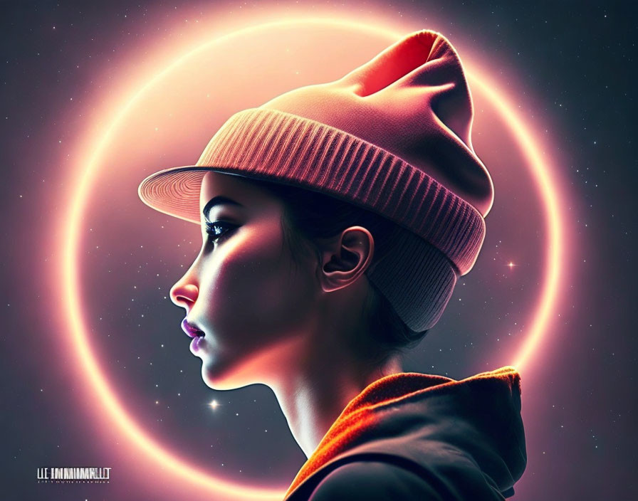 Person in Beanie with Cosmic Background and Glowing Halo Effect