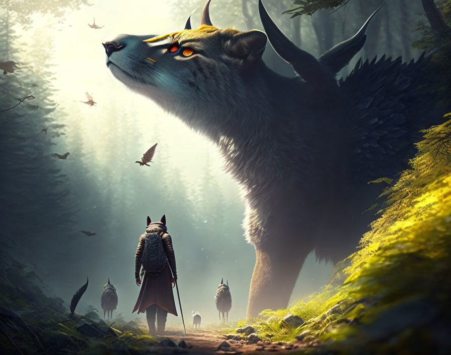 Traveler with owls in mystical forest, giant wolf in ethereal light