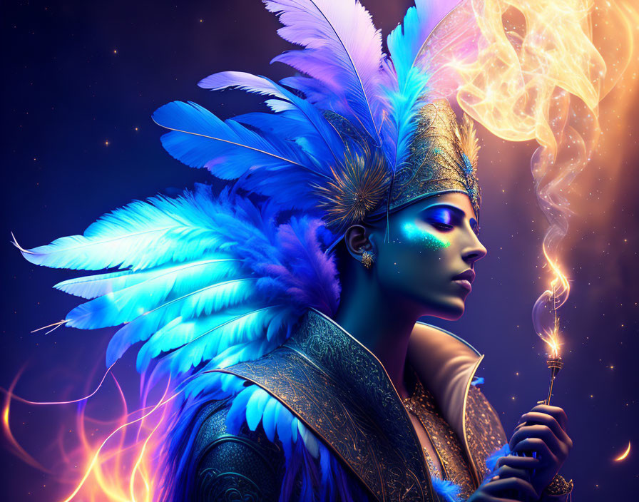 Woman with Feather Headdress and Glowing Wand on Dark Blue Background