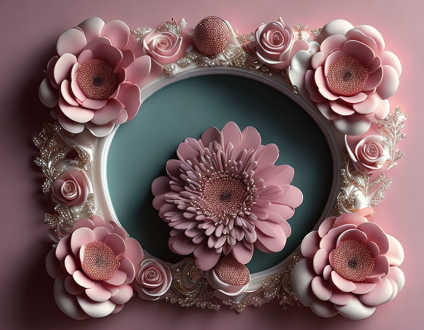 Intricate Pink and White Floral Decorative Mirror with Glitter Accents