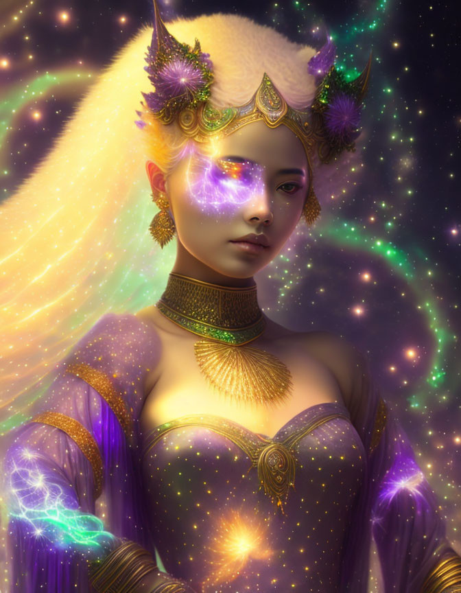 Mystical female figure with glowing eyes and cosmic background.