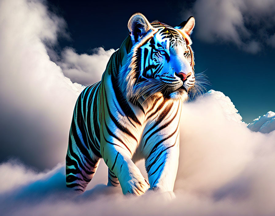 White Tiger with Blue Stripes on Cloud in Sky