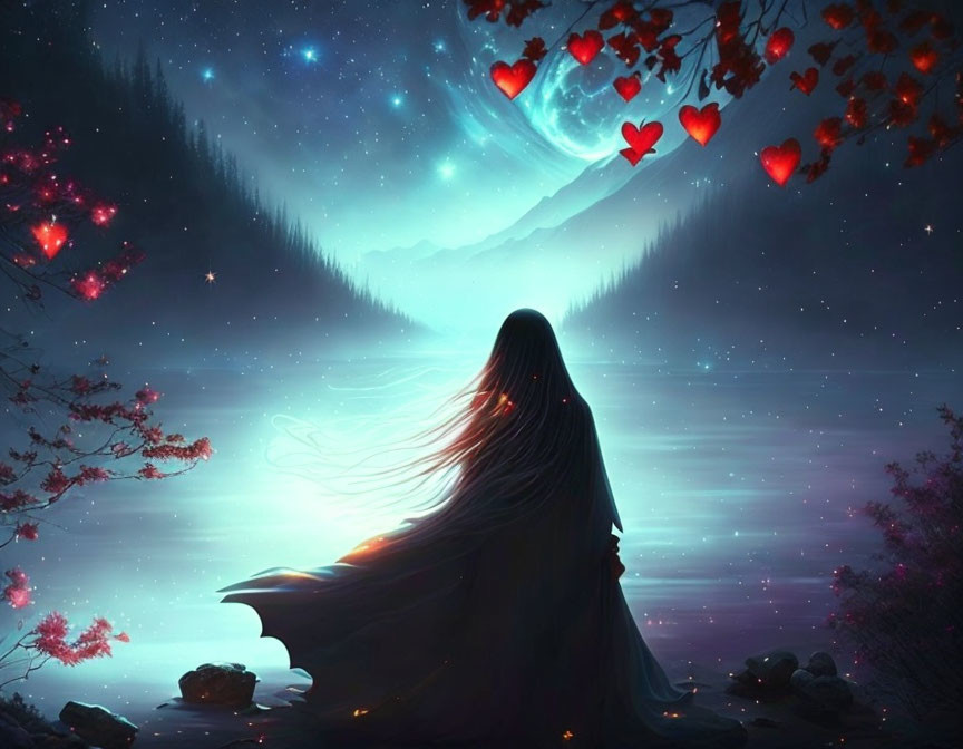 Woman with long hair under starry sky and crescent moon surrounded by hearts and pink foliage