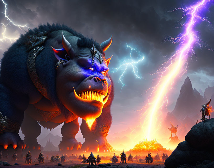 Blue-furred beast with red eyes and horns under stormy sky with lightning.