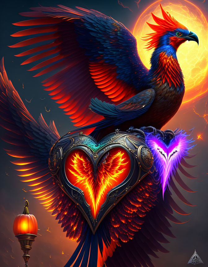 Colorful bird with fiery wings on heart locket with inner flame, beside purple bird, in fiery