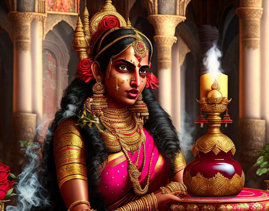 Traditional Indian Attire and Jewelry Illustration with Lit Lamp and Architectural Background