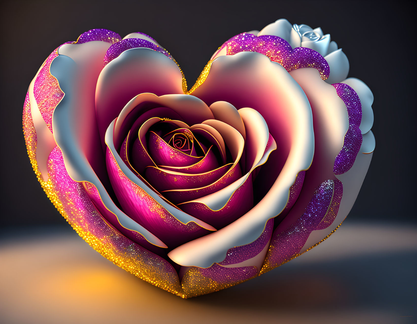 Pink and Gold Heart 3D Illustration with Petal-Like Layers and Glitter Sparkle