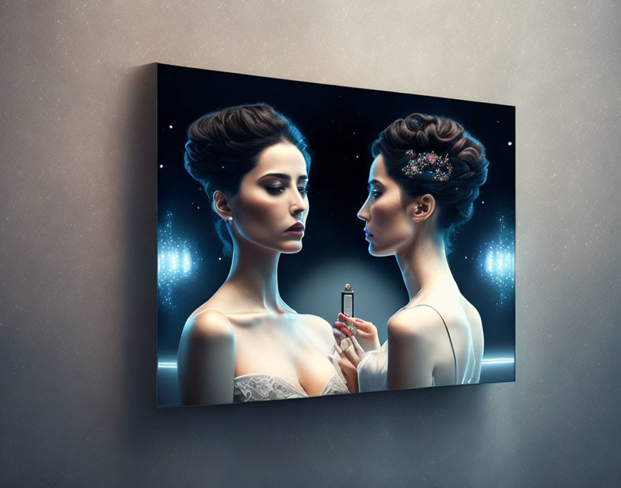 Digital Artwork: Woman with Perfume Reflecting in Cosmic Background