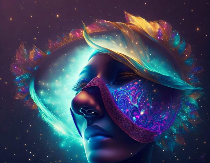 Vibrant digital artwork: person with luminous hair and ornate mask on cosmic backdrop