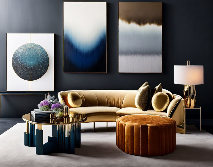 Curved Beige Sofa, Velvet Ottoman, Geometric Tables, Abstract Art in Dark Living Room