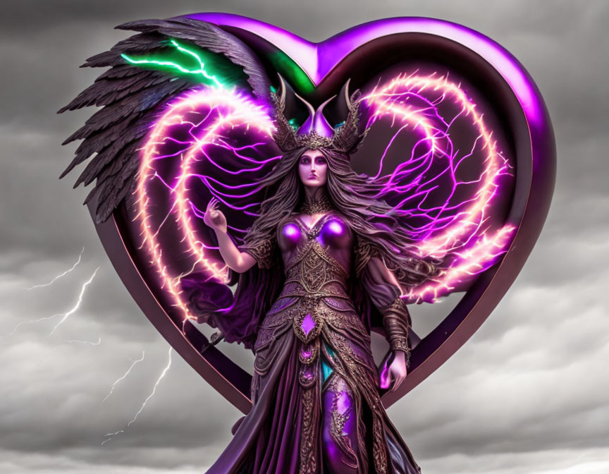 Fantasy female figure with dark wings, purple costume, antler crown, and glowing accents.