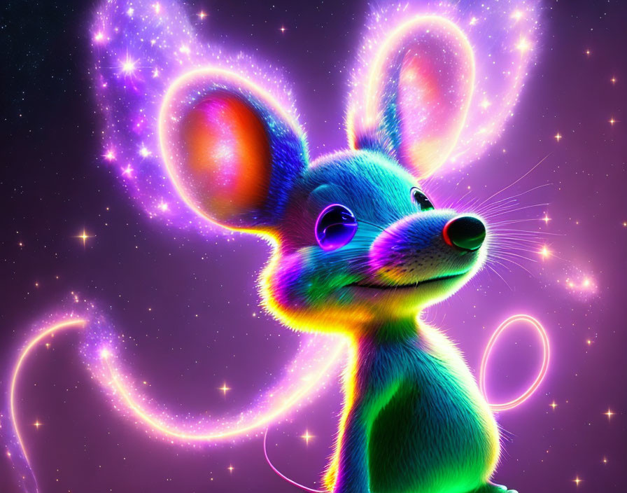 Colorful Illustration of Glowing Mouse in Cosmic Setting