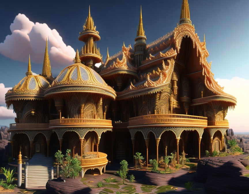 Majestic fantasy palace with golden domes against clear sky