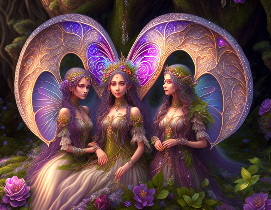 Ethereal fairy-like figures in mystical forest with translucent wings