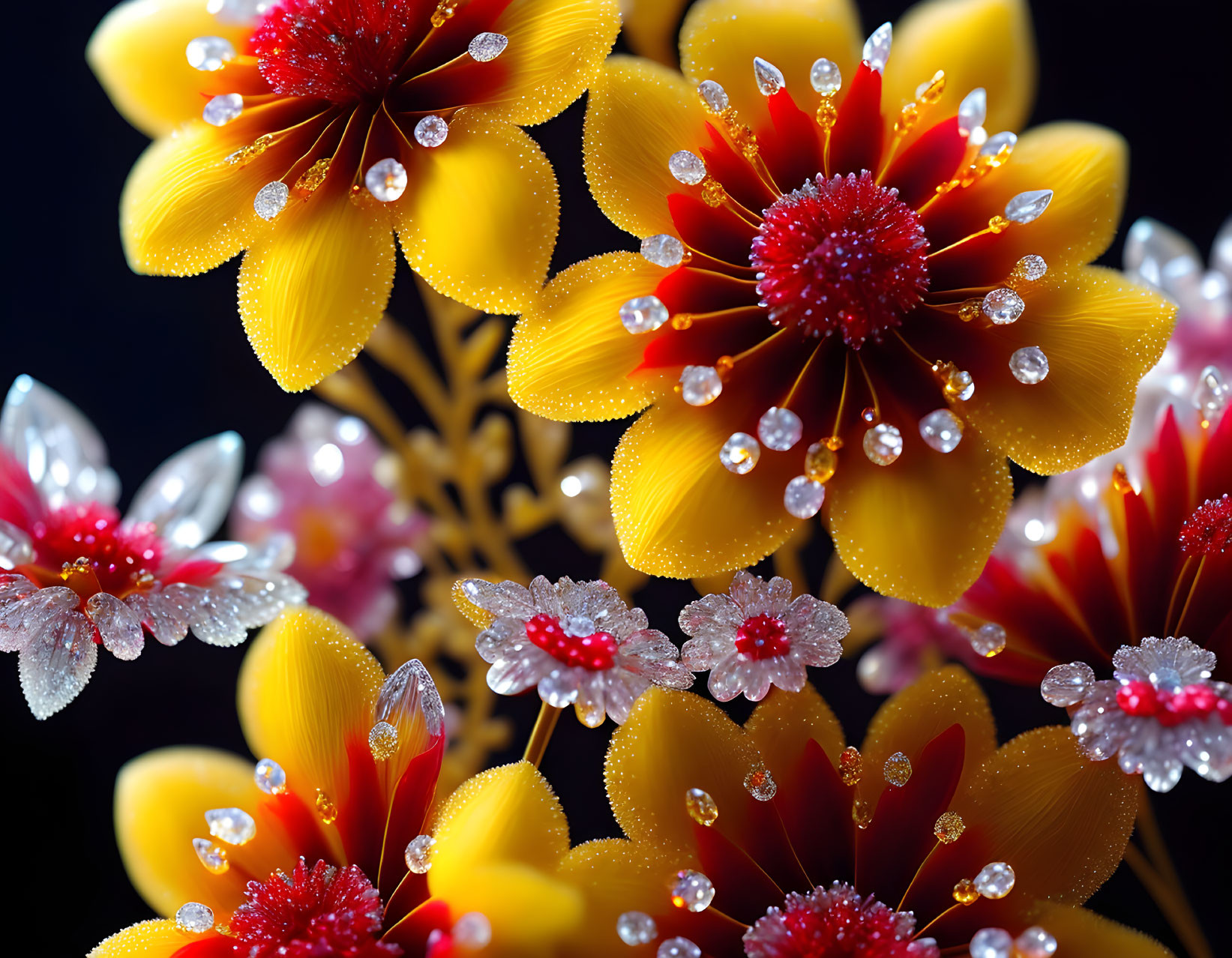 Colorful Yellow and Red Flowers with Dewdrops on Dark Background