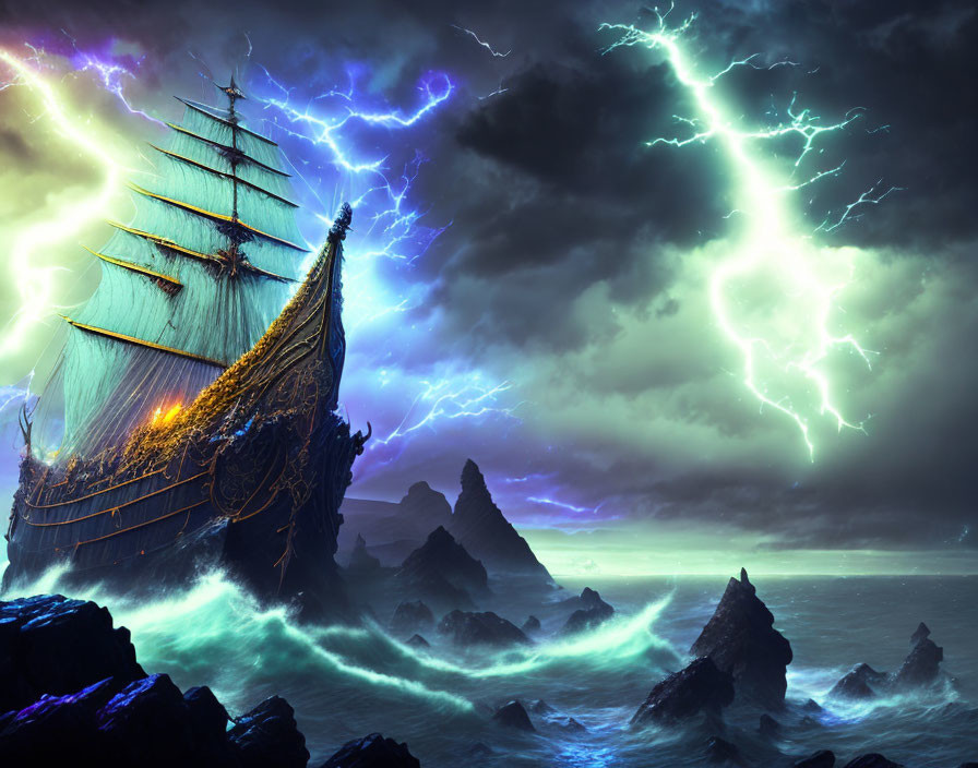 Majestic ship with illuminated sails navigating stormy seas