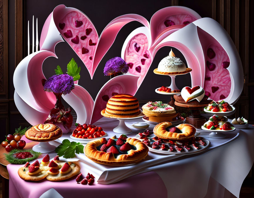 Assortment of desserts with pink swirls and hearts for elegant event