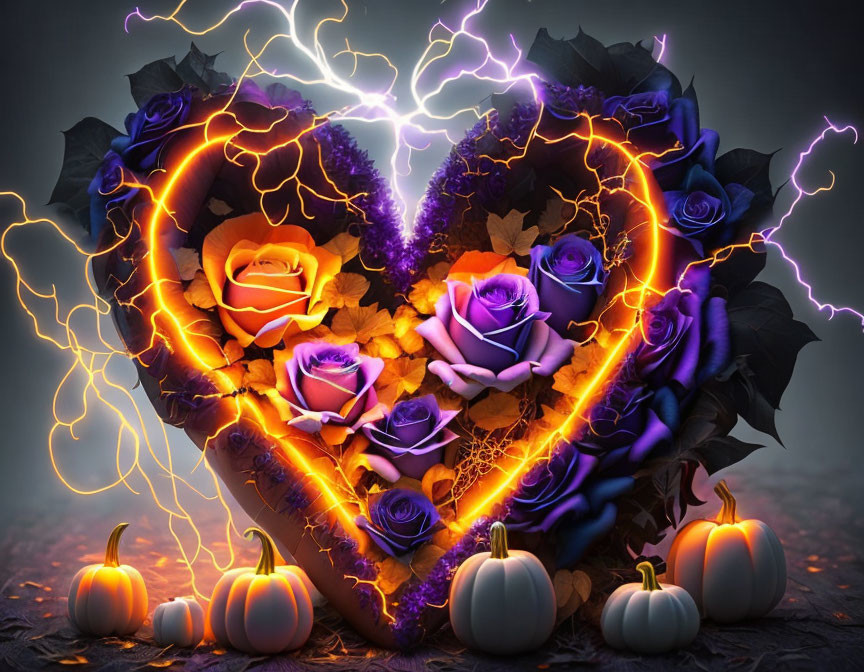 Heart-shaped purple and orange rose bouquet with lightning bolts and pumpkins on backdrop