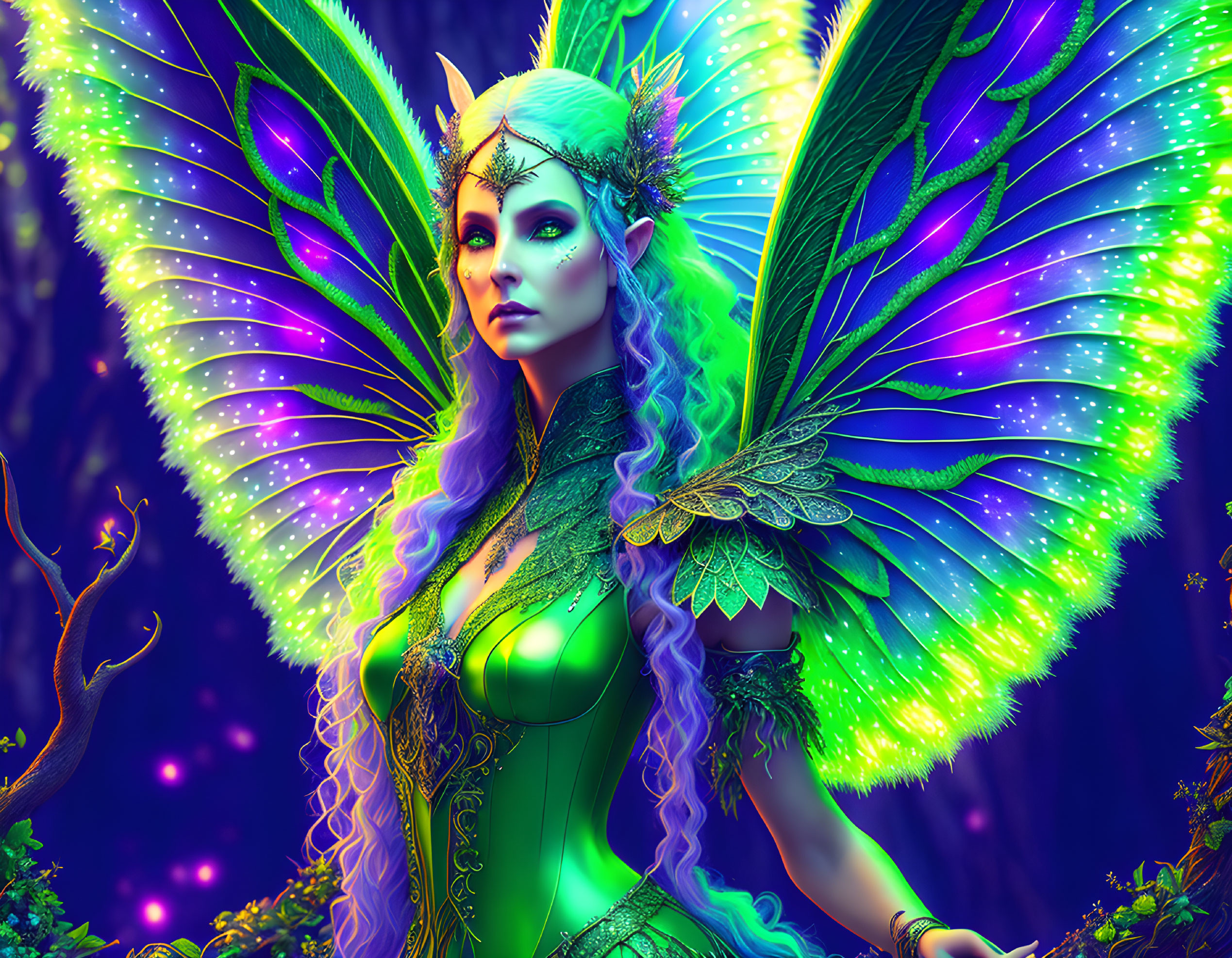 Luminescent fairy with radiant wings in mystical forest