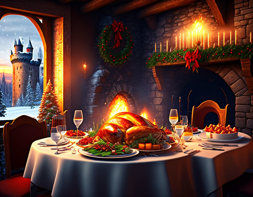 Christmas dinner table with roasted turkey, wine glasses, candles, fireplace, and castle view.