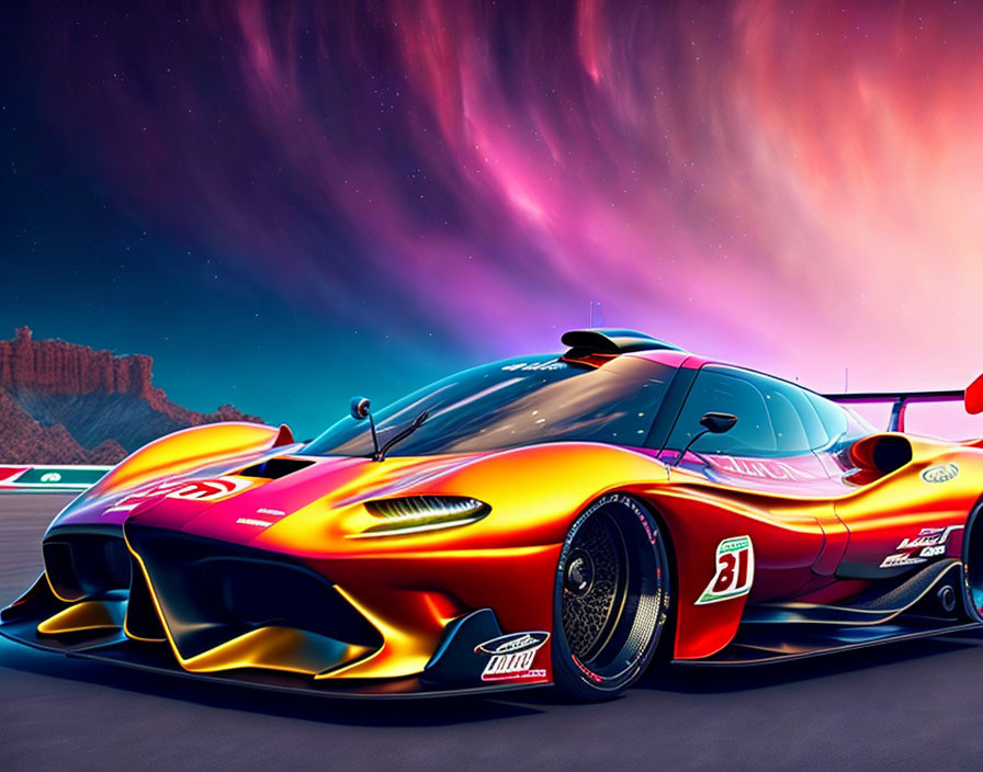 Vibrant digital art: Red and yellow race car against purple sky