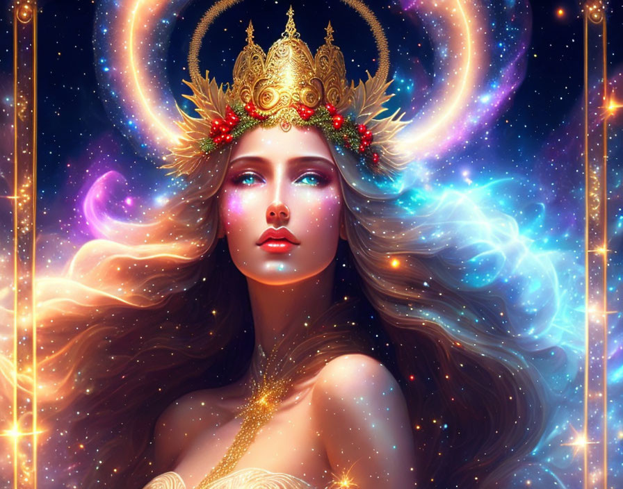 Mystical woman with golden crown in cosmic setting