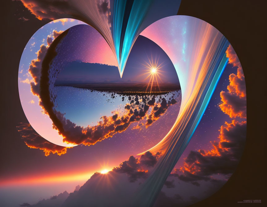 Heart-shaped portal frames surreal landscape with multiple suns and reflective water