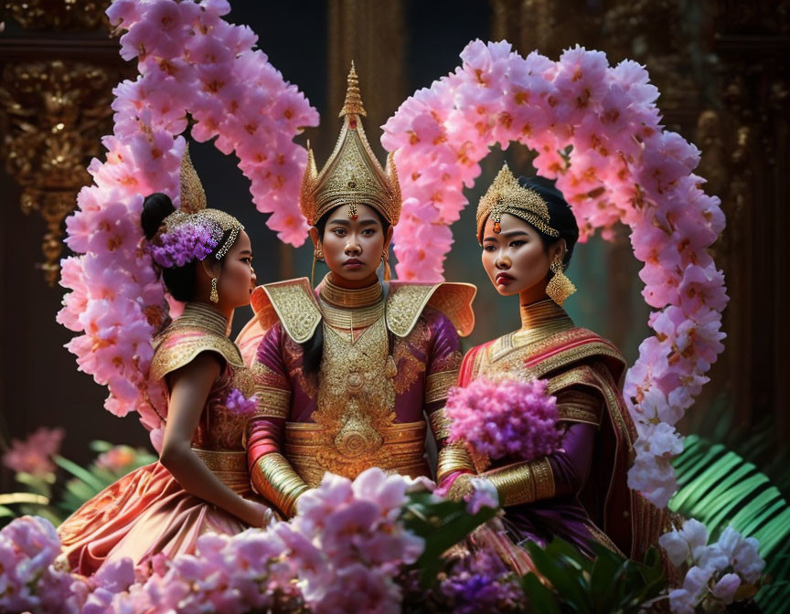 Three individuals in traditional golden attire among pink flowers and lush greenery.