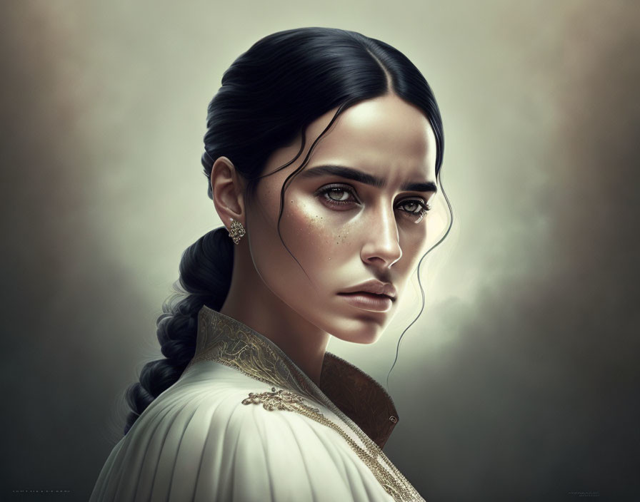 Portrait of woman with dark hair in braid, intense gaze, freckles, ornate earrings