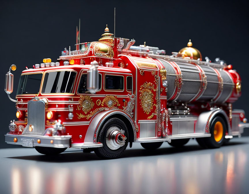 Detailed Red and Chrome Classic Fire Engine Model with Golden Accents